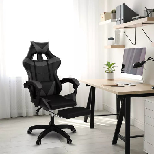 Fauteuil de gaming réglable avec repose-pied, coussin de tête et coussin lombaire noir et gris